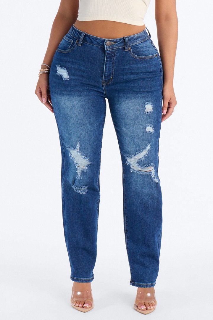 Rylie Ripped Straight Leg Jeans - Dark Wash