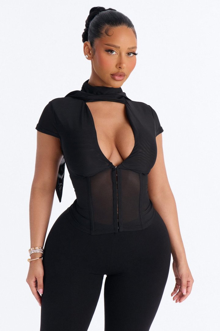 Always A Lady Tie Front Mesh Corset - Black