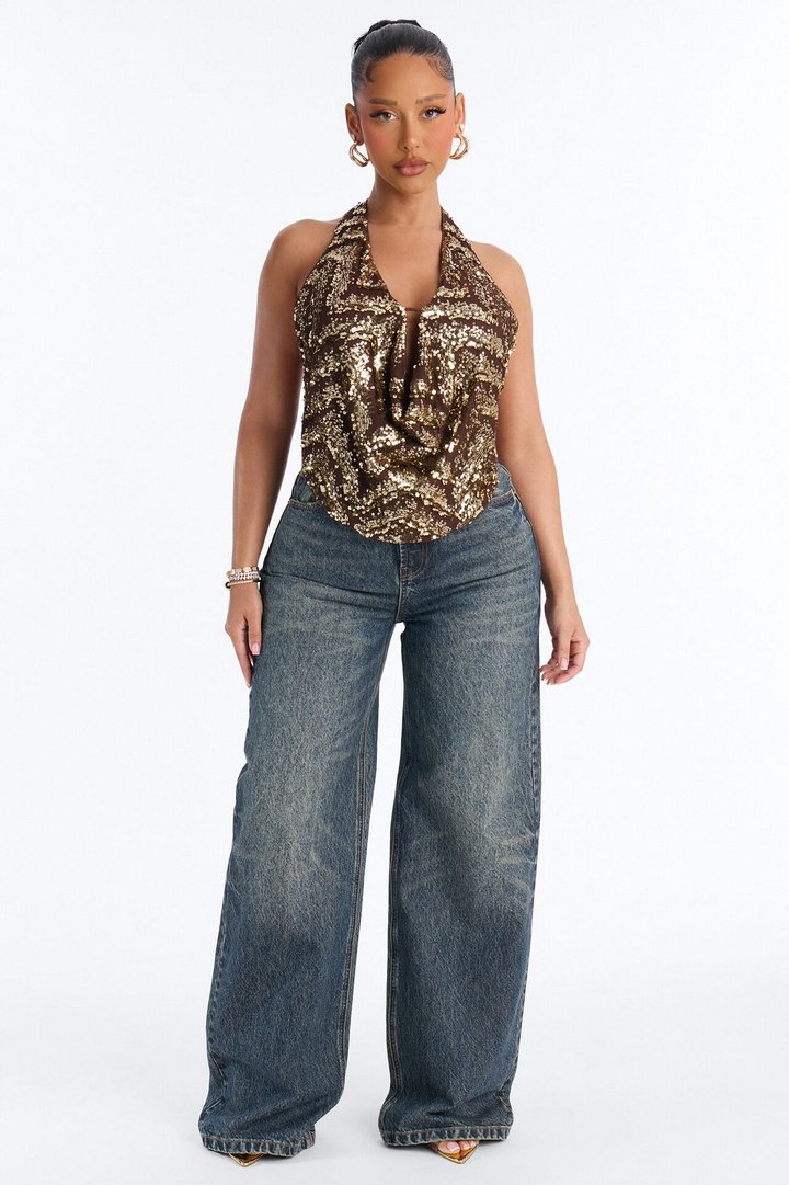 Sienna Sequin Halter Top - Brown/combo