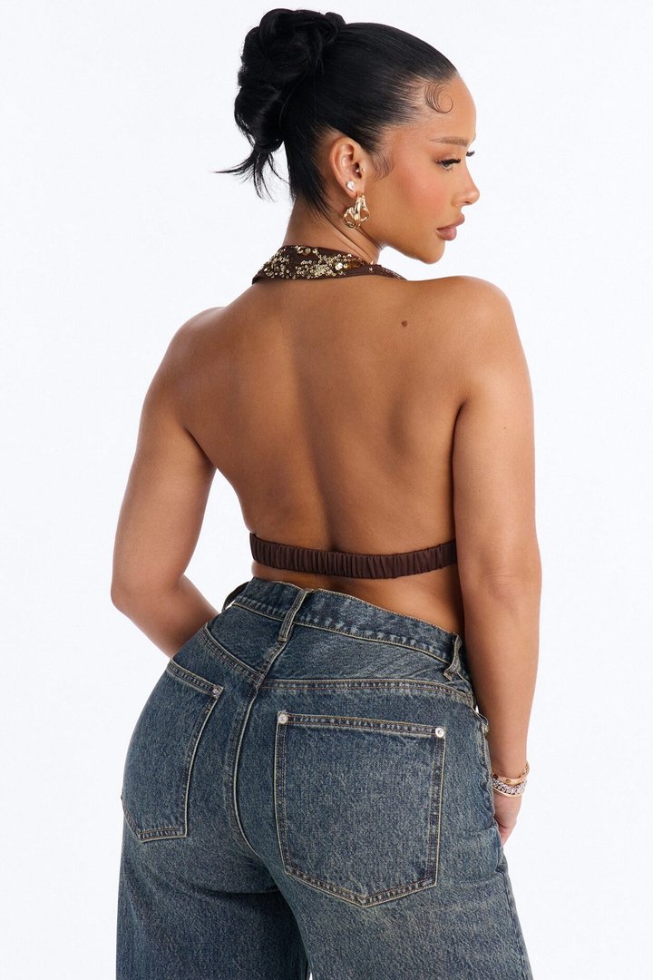 Sienna Sequin Halter Top - Brown/combo