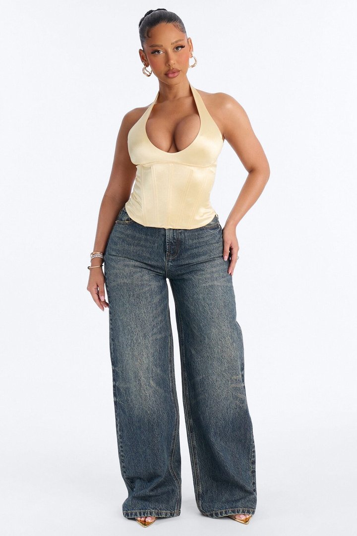 Kylie Satin U Neck Halter Corset Top - Butter Yellow