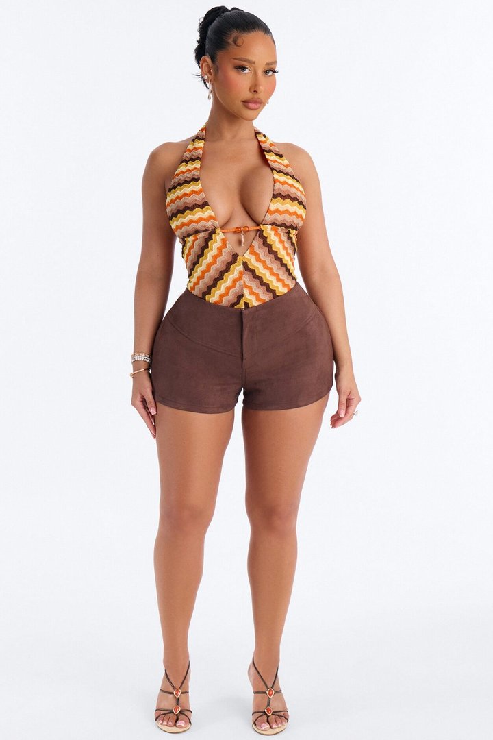 Island Girl Textured Halter Bodysuit - Orange/combo