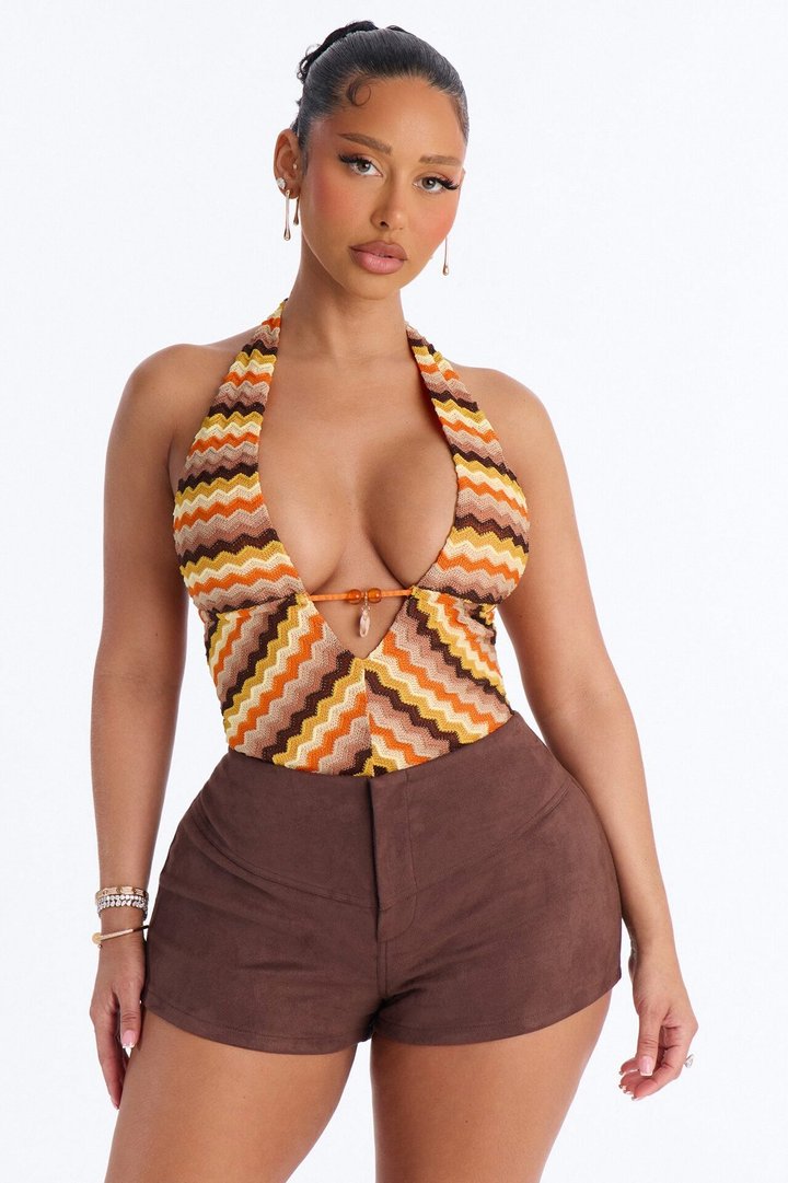 Island Girl Textured Halter Bodysuit - Orange/combo