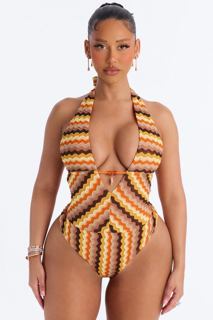 Island Girl Textured Halter Bodysuit - Orange/combo