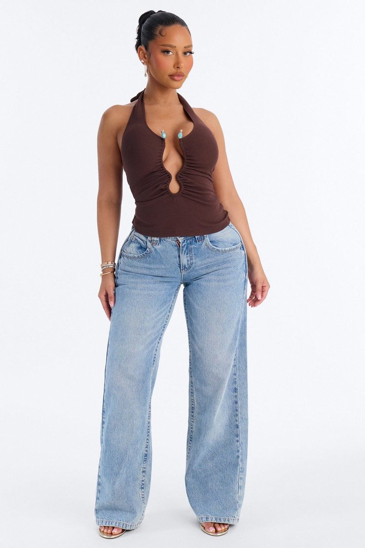 Haley Hardware Ruched Ribbed Halter Top - Chocolate