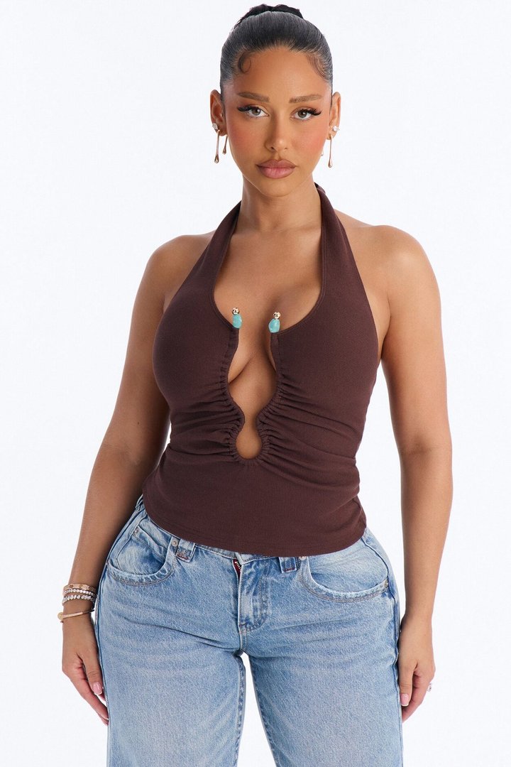 Haley Hardware Ruched Ribbed Halter Top - Chocolate