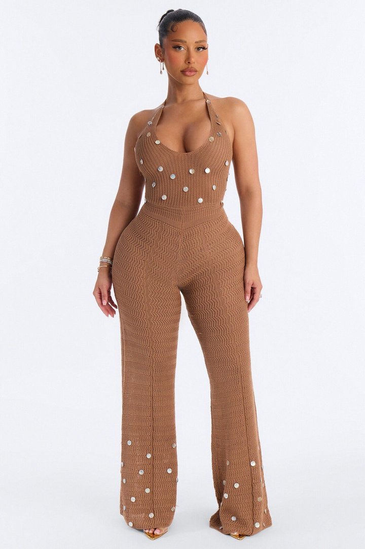 Carlina Embellished Crochet Jumpsuit - Mocha
