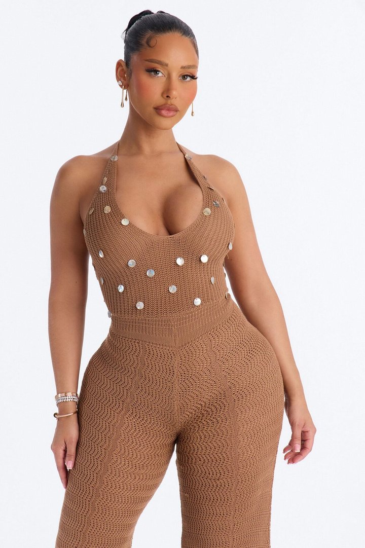 Carlina Embellished Crochet Jumpsuit - Mocha