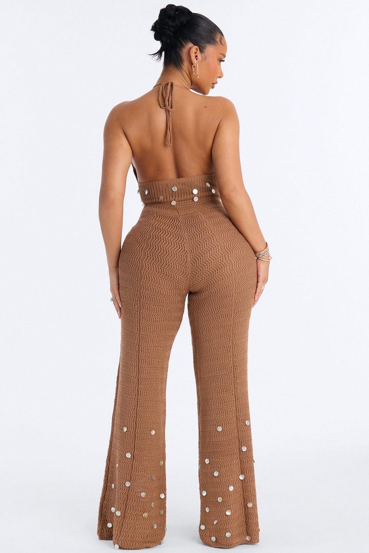 Carlina Embellished Crochet Jumpsuit - Mocha