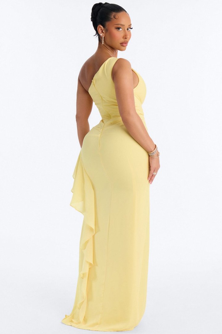 Amelie One Shoulder Chiffon Gown - Yellow