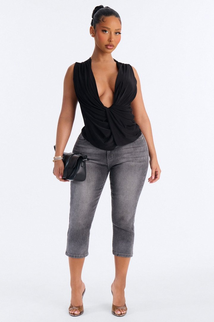 Mia Deep V-Neck Draped Sleeveless Top - Black