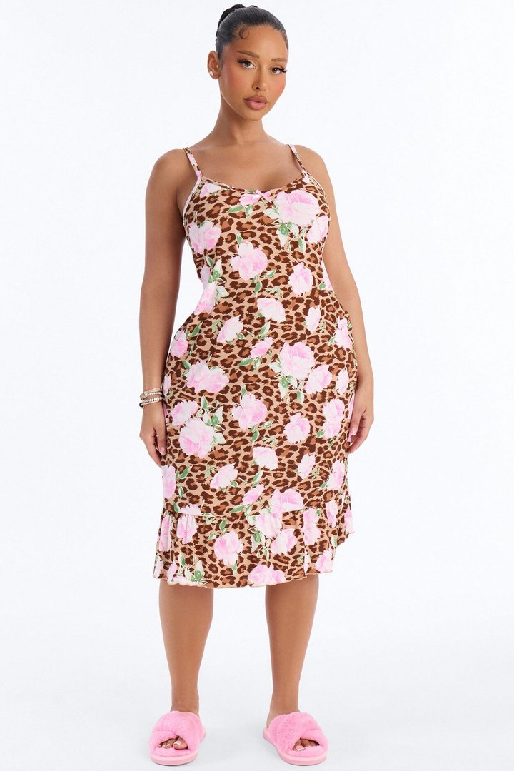 Leopard Garden Seduction Ruffle PJ Sleep Dress - Brown/combo