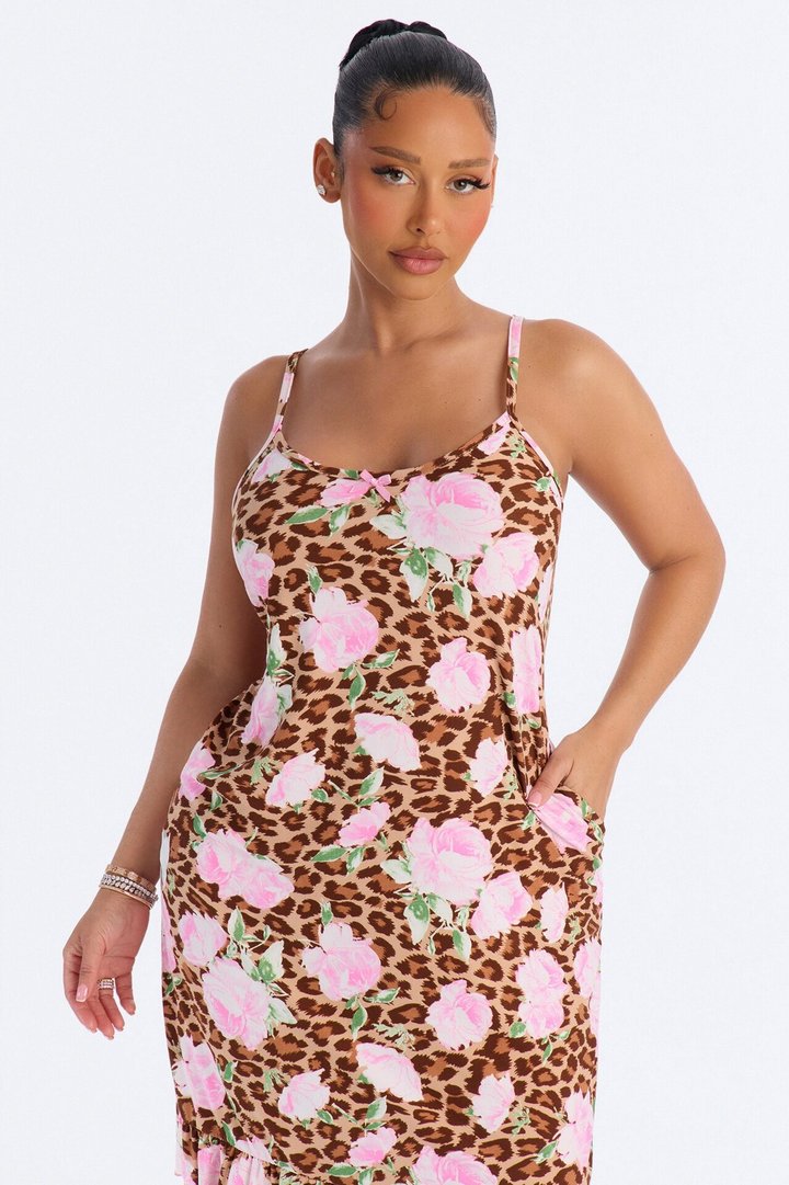 Leopard Garden Seduction Ruffle PJ Sleep Dress - Brown/combo