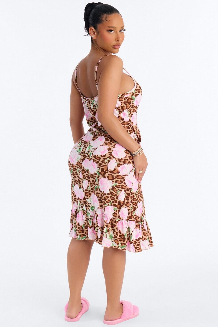 Leopard Garden Seduction Ruffle PJ Sleep Dress - Brown/combo