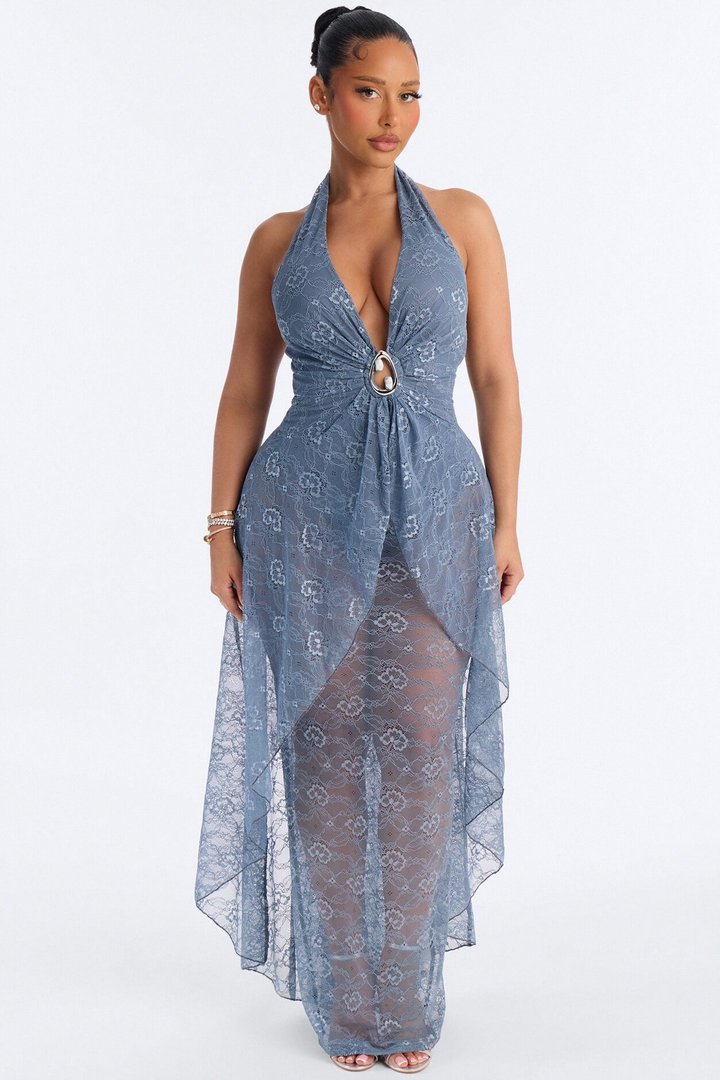 Gaia Lace Halter Maxi Dress - SlateBlue