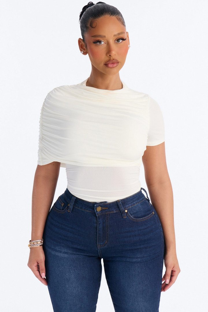 Paige Ruched Mock Neck Short Sleeve Bodysuit - White