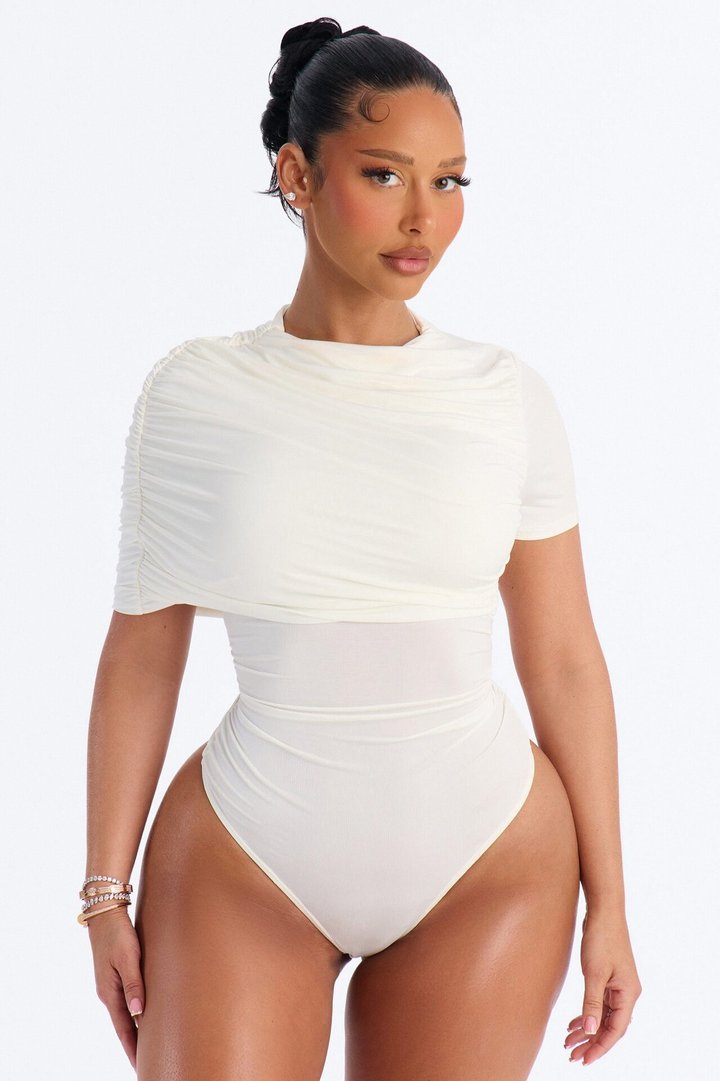 Paige Ruched Mock Neck Short Sleeve Bodysuit - White