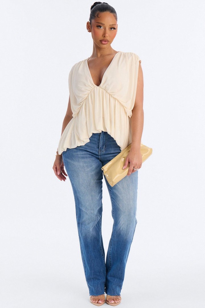 Nina Ruched Mesh Short Sleeve Top - Cream