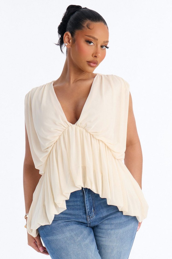 Nina Ruched Mesh Short Sleeve Top - Cream