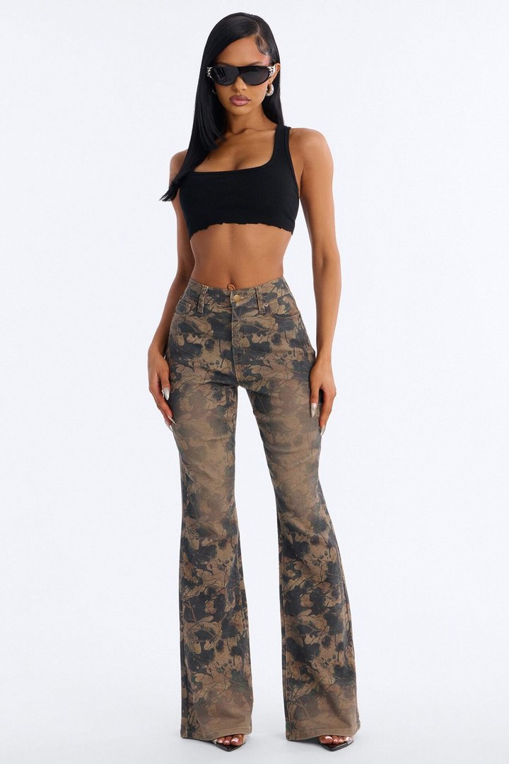 Positive Negative Stretch Printed Flare Jeans - Camouflage