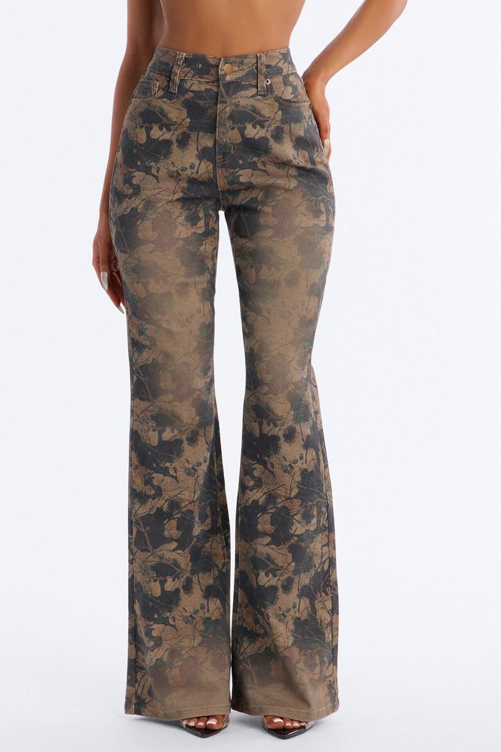 Positive Negative Stretch Printed Flare Jeans - Camouflage