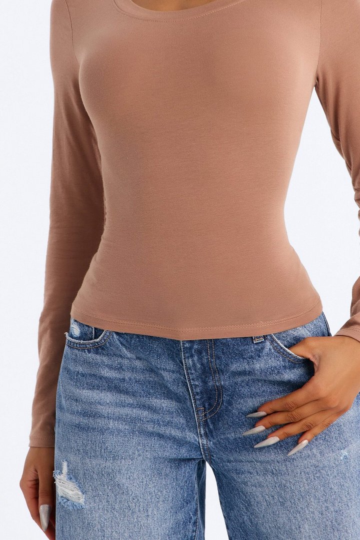 Elise Round Neck Long Sleeve Top - Caffe