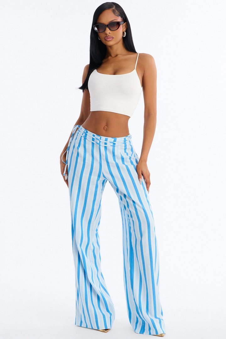 Lurice Low Rise Striped Linen Wide Leg Pant - Blue/combo