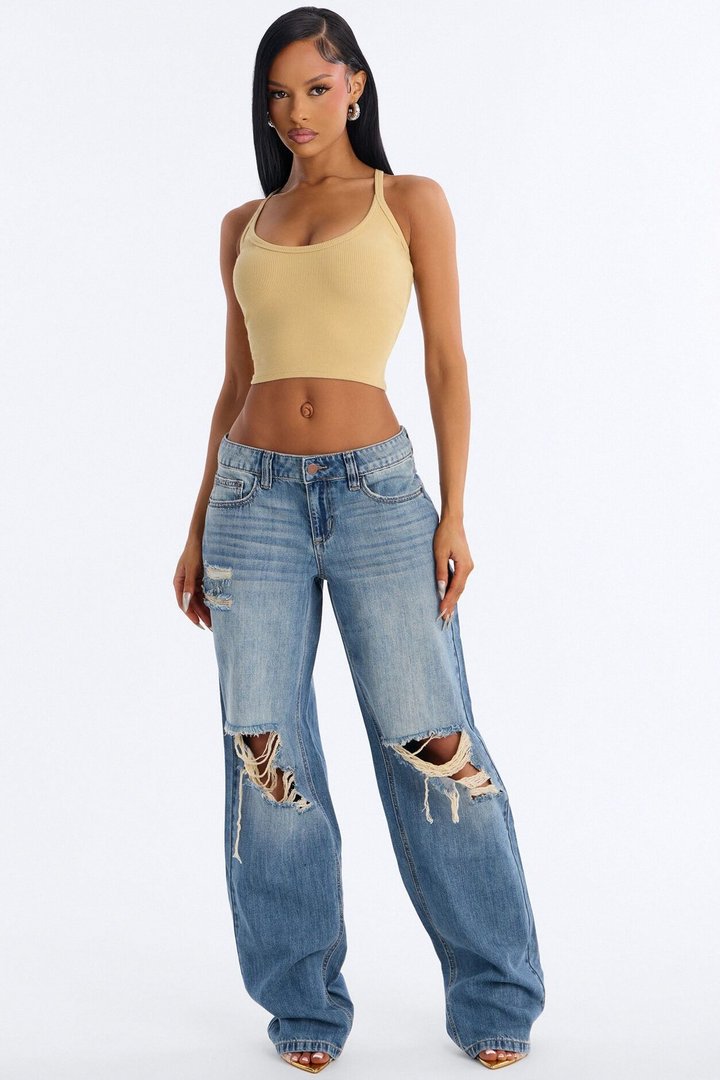 Malibu Low Rise Ripped Wide Leg Jeans - Medium Wash