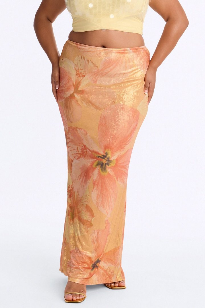 Heat Wave Metallic Knit Floral Maxi Skirt - Orange