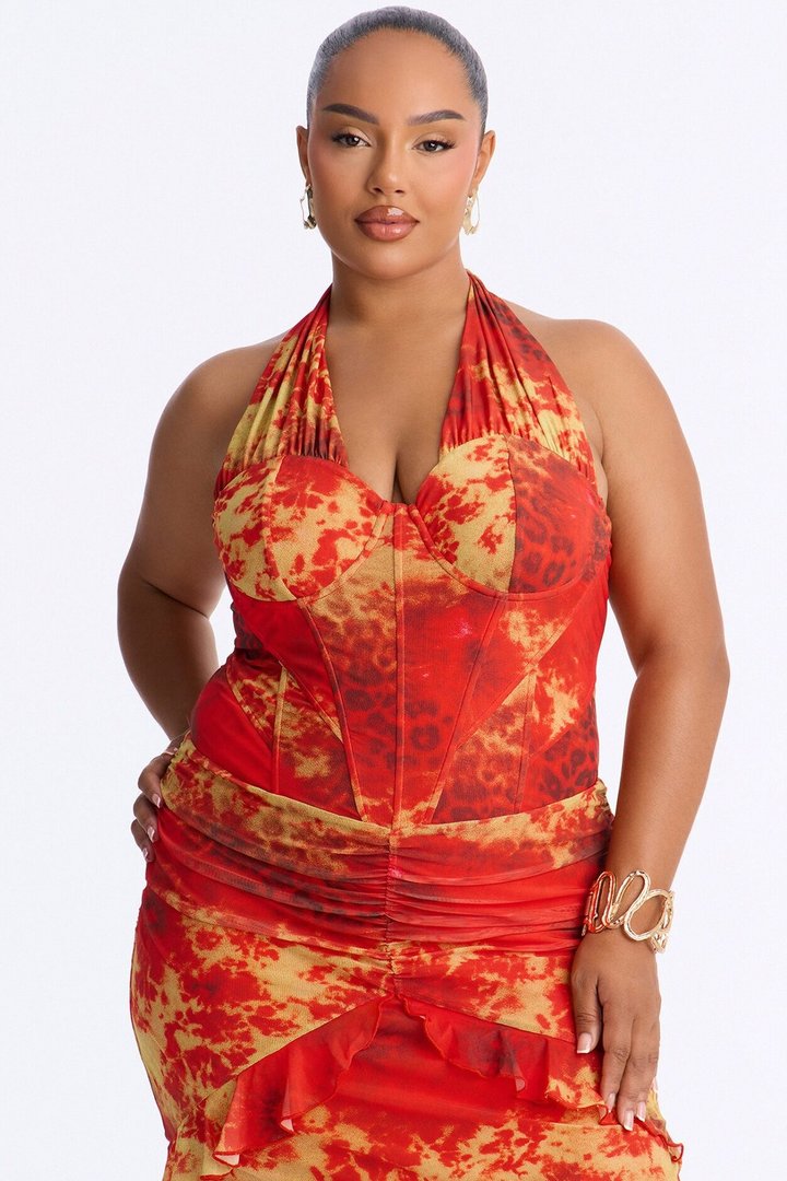 Siren Corset Mesh Maxi Dress - Orange/combo
