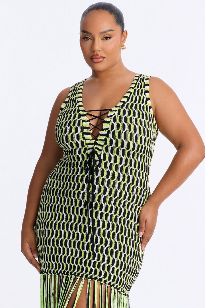 After Hours Fringe Sweater Maxi Dress - Green/combo