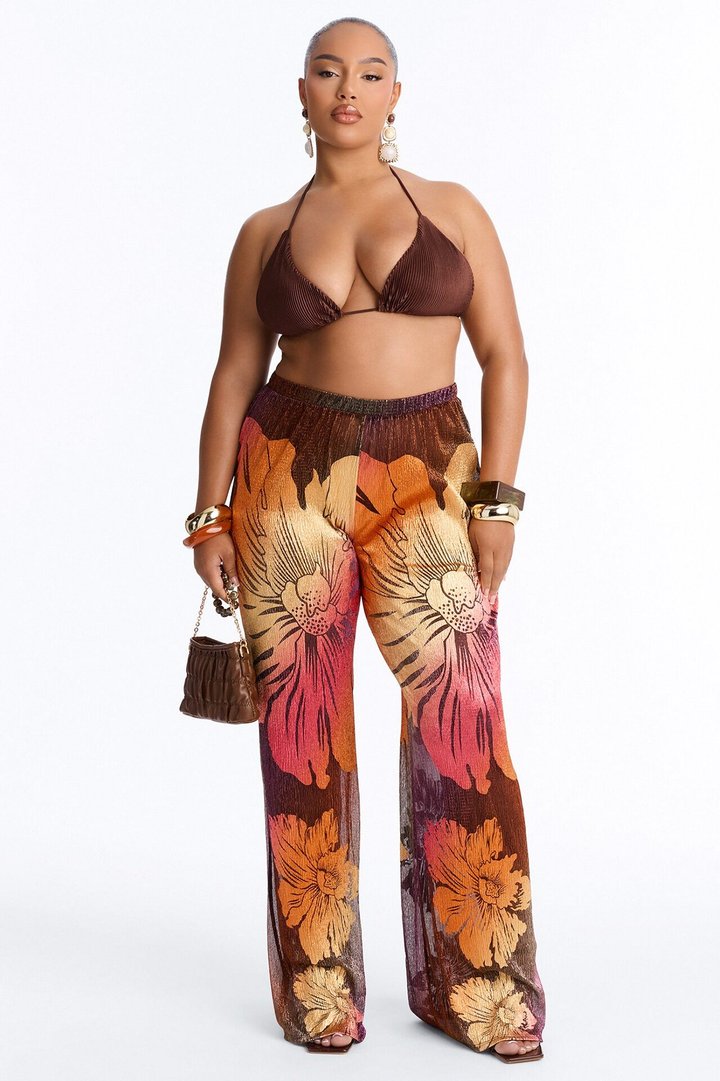 Addison Metallic Floral Wide Leg Pant - Rust/combo