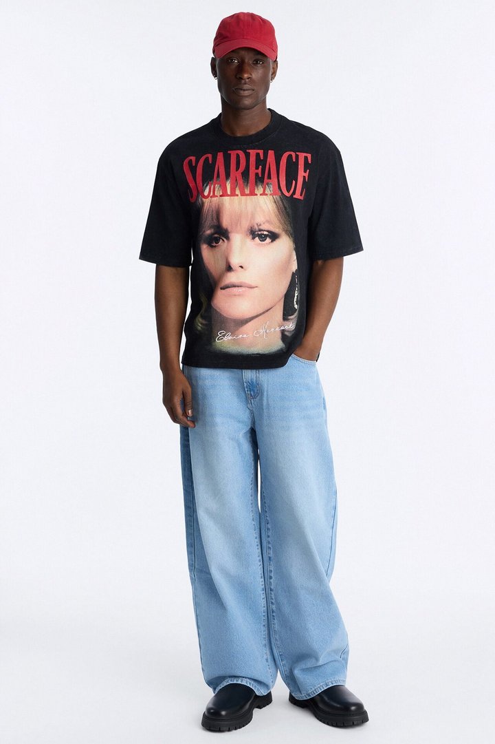 Heavy Weight Scarface Elvira Hancock Embroidery Oversized Short Sleeve Tee - Black Wash