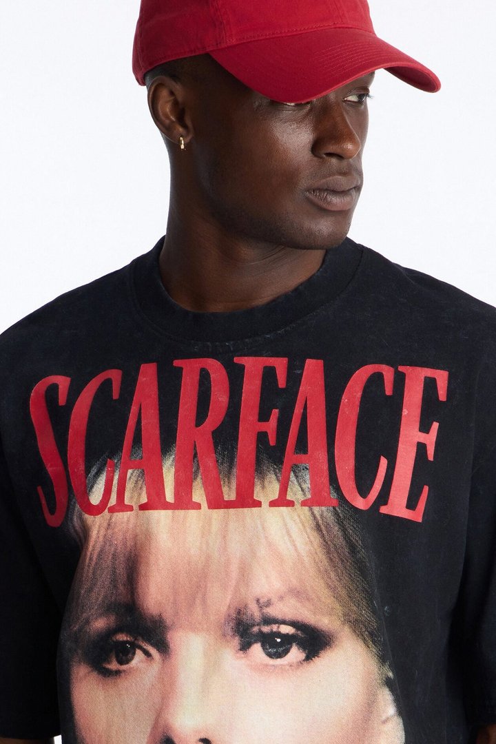 Heavy Weight Scarface Elvira Hancock Embroidery Oversized Short Sleeve Tee - Black Wash