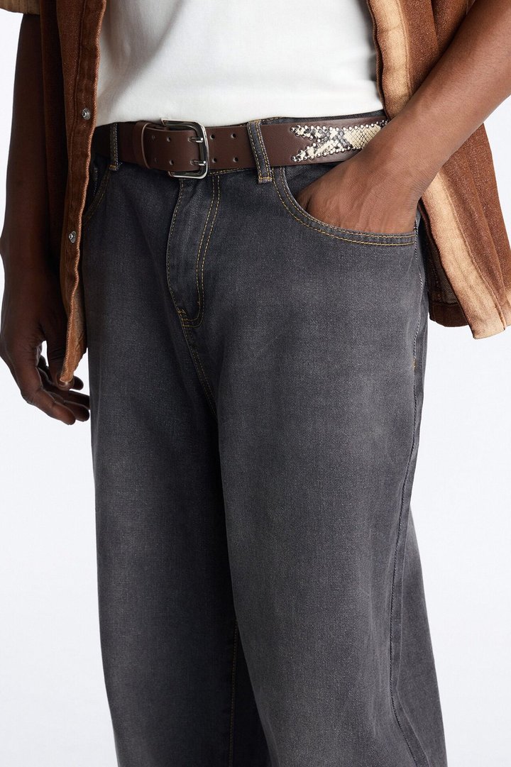 Faux Leather Contrast Cut Out Studded Buckle Belt - Brown