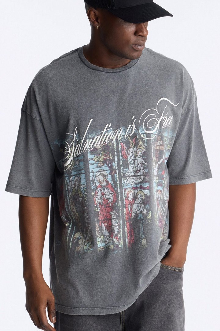 Salvation Is Free Oversized Short Sleeve Tee - Black Wash