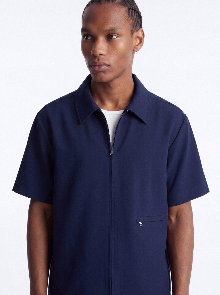 Modern Essential Short Sleeve Zip Collar Shirt - Navy