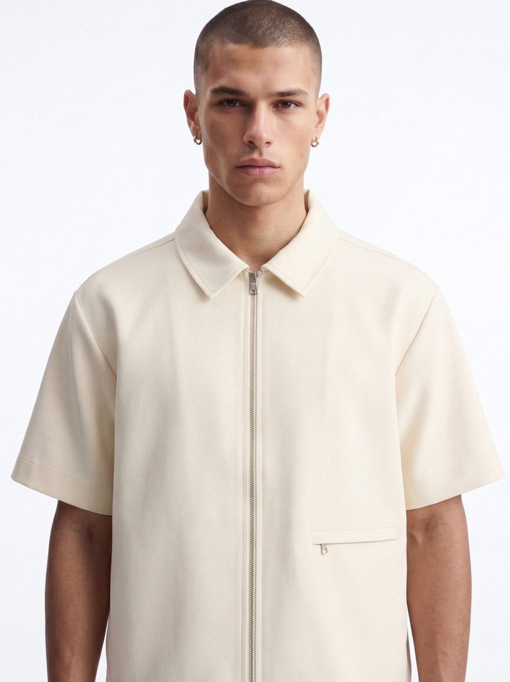 Modern Essential Short Sleeve Zip Collar Shirt - Beige