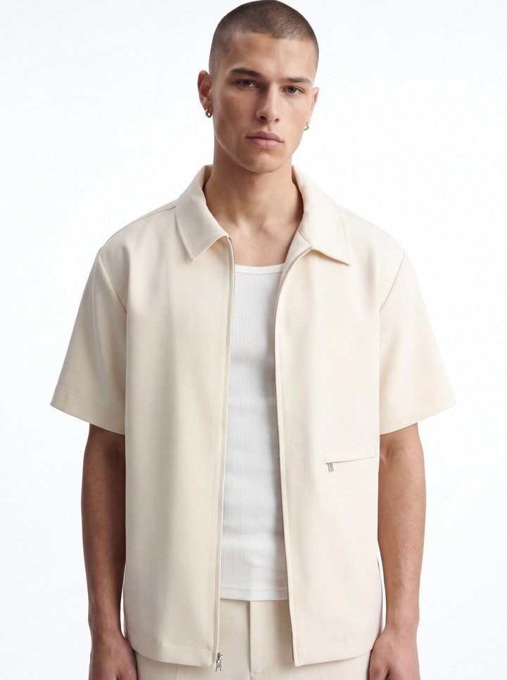 Modern Essential Short Sleeve Zip Collar Shirt - Beige