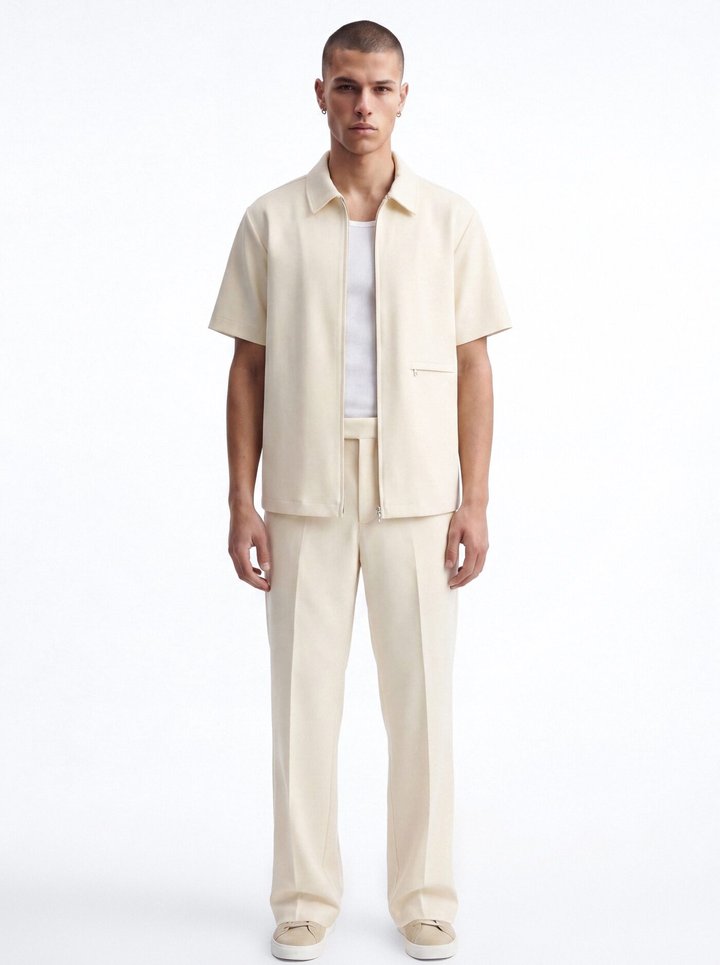 Modern Essential Short Sleeve Zip Collar Shirt - Beige