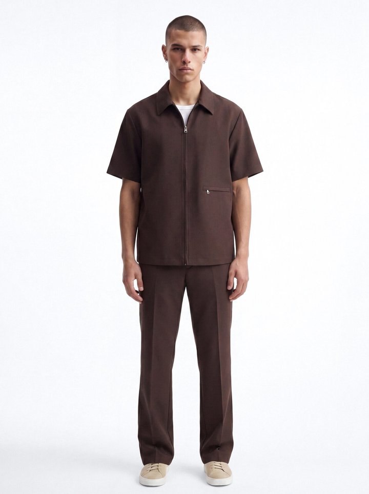 Modern Essential Short Sleeve Zip Collar Shirt - Chocolate