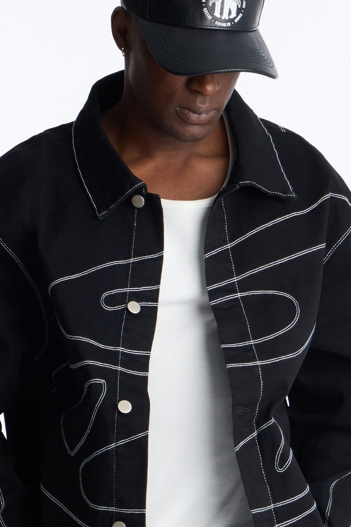 Lasso Embroidered Denim Trucker Jacket - Black