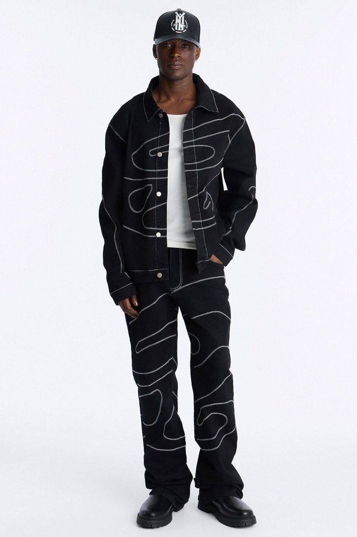 Lasso Embroidered Denim Trucker Jacket - Black
