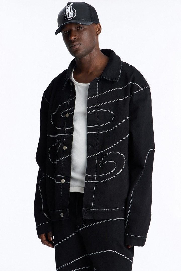 Lasso Embroidered Denim Trucker Jacket - Black
