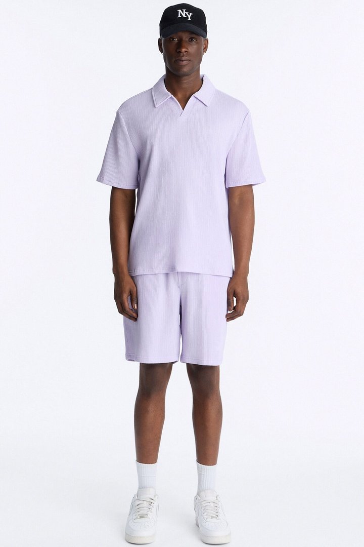 Pure Form Plisse Johnny Collar Polo - Purple