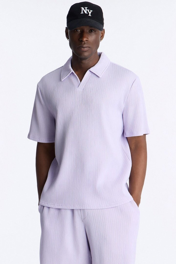 Pure Form Plisse Johnny Collar Polo - Purple
