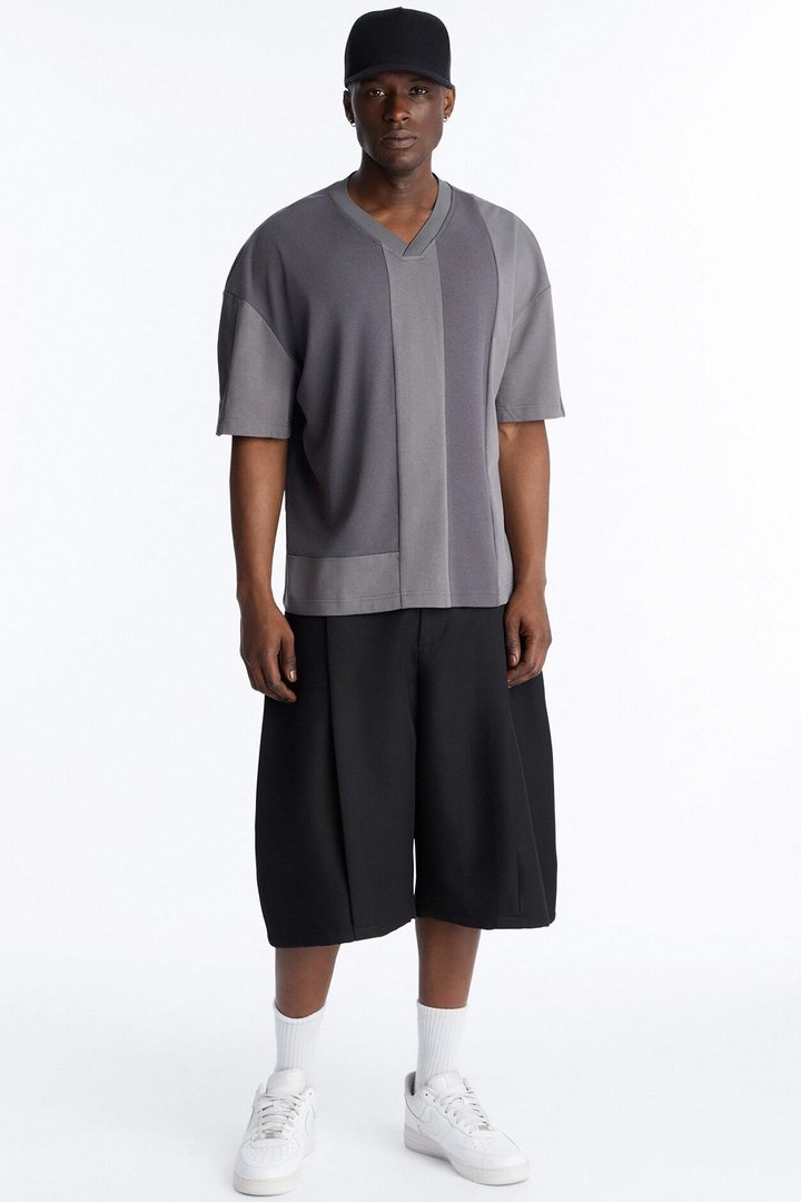 Loose Fit Ribbed Panel Jersey - Grey/combo