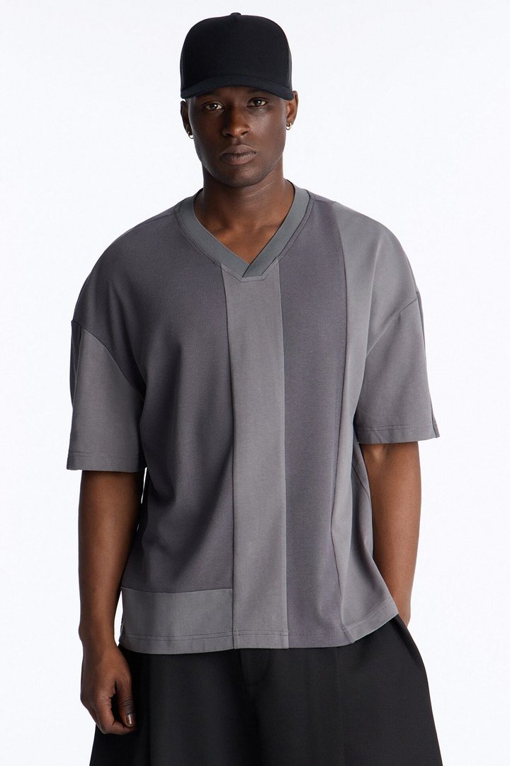 Loose Fit Ribbed Panel Jersey - Grey/combo
