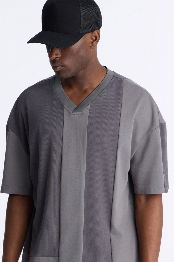 Loose Fit Ribbed Panel Jersey - Grey/combo