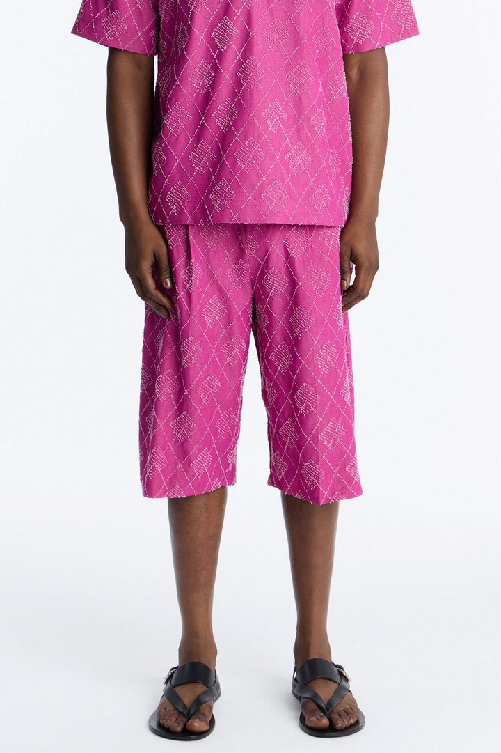 Baggy Diamond Frayed Jacquard Long Short - Magenta